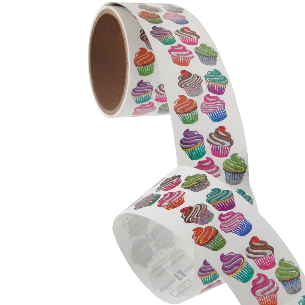 Jillson & Roberts Bulk Roll Prismatic Stickers, Mini Cupcakes (50 Repeats) - Present Paper