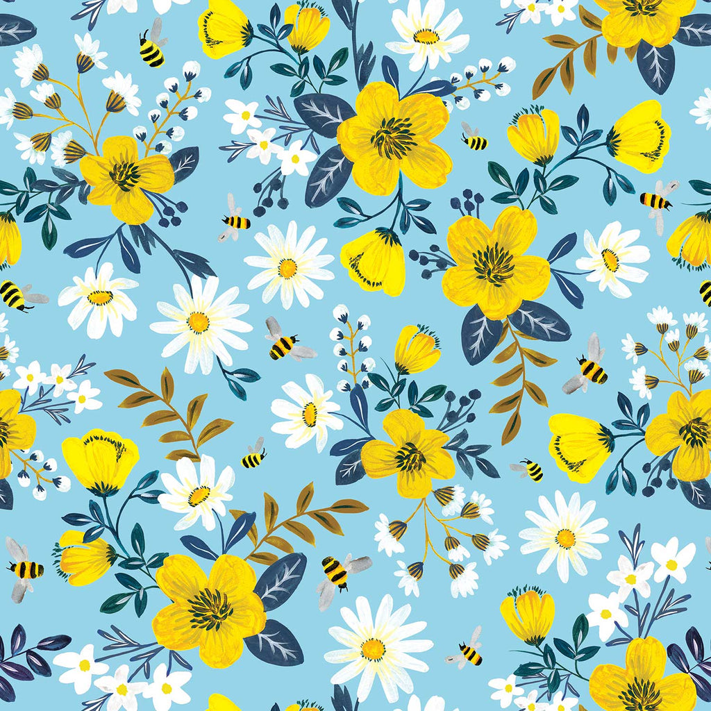 B111a Blue Yellow Daises Bees Floral Gift Wrap Swatch