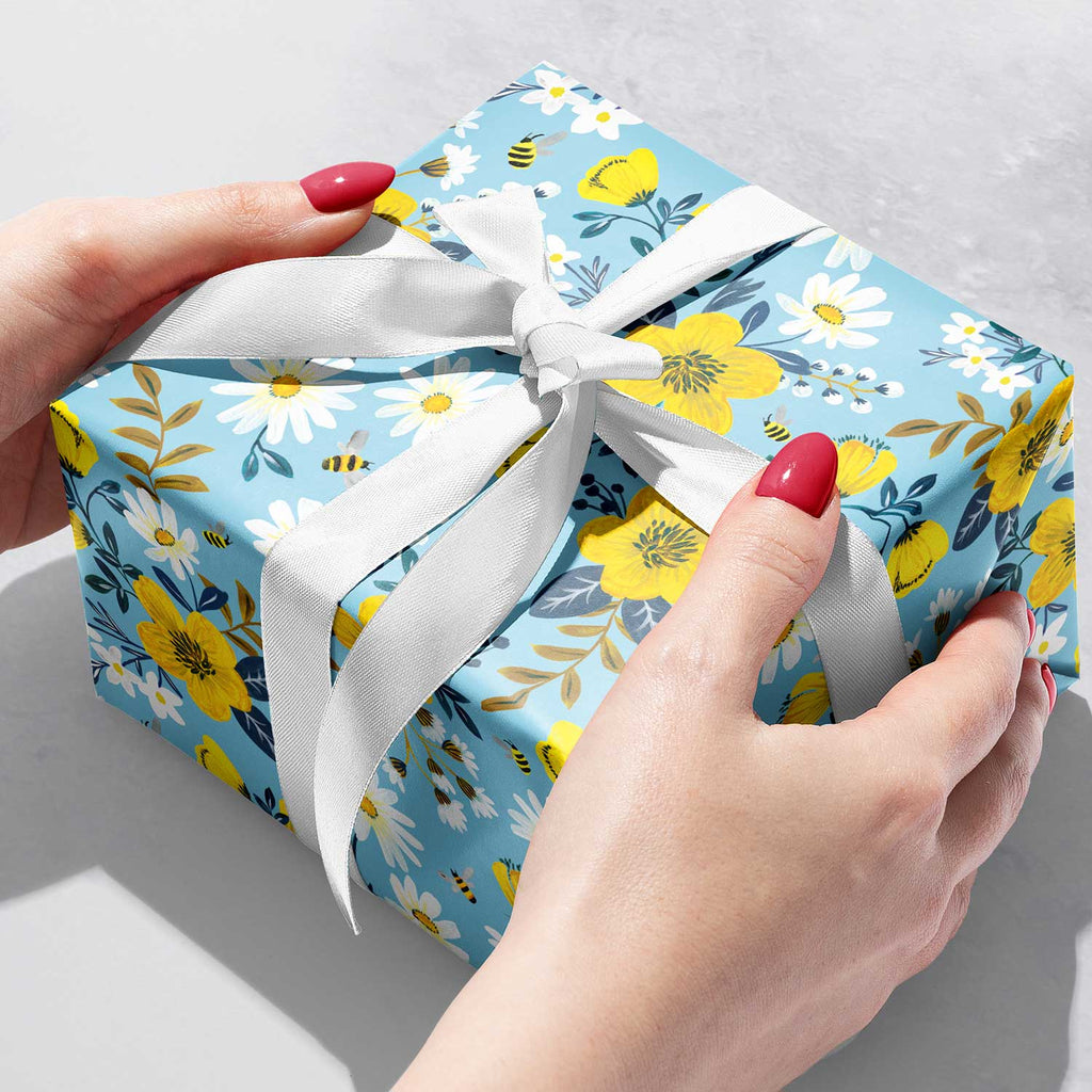 B111b Blue Yellow Daises Bees Floral Gift Wrap Gift Box