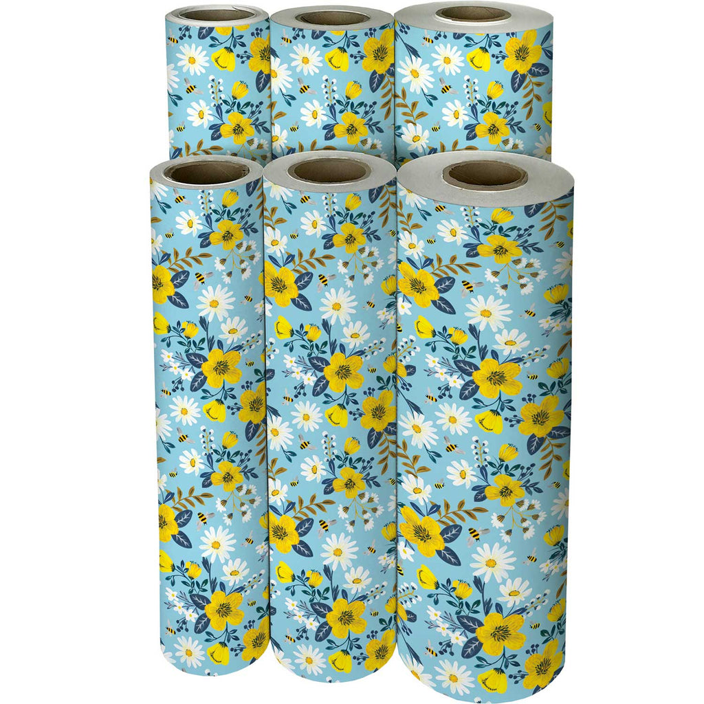 B111f Blue Yellow Daises Bees Floral Gift Wrap Reams