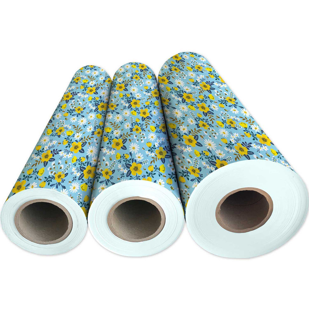 B111g Blue Yellow Daises Bees Floral Gift Wrap 3 Reams