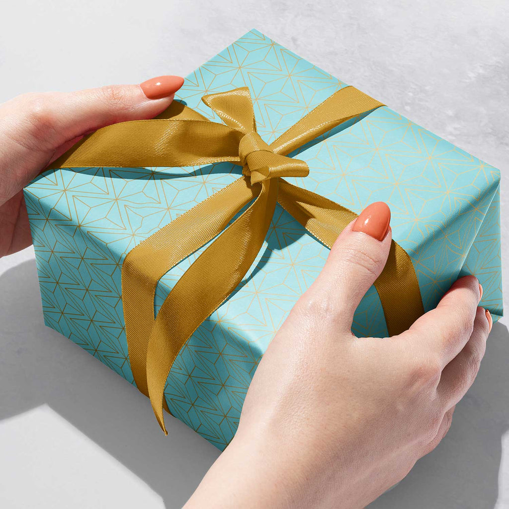 B127b Gold Aqua Blue Geometric Gift Wrapping Paper Gift Box 