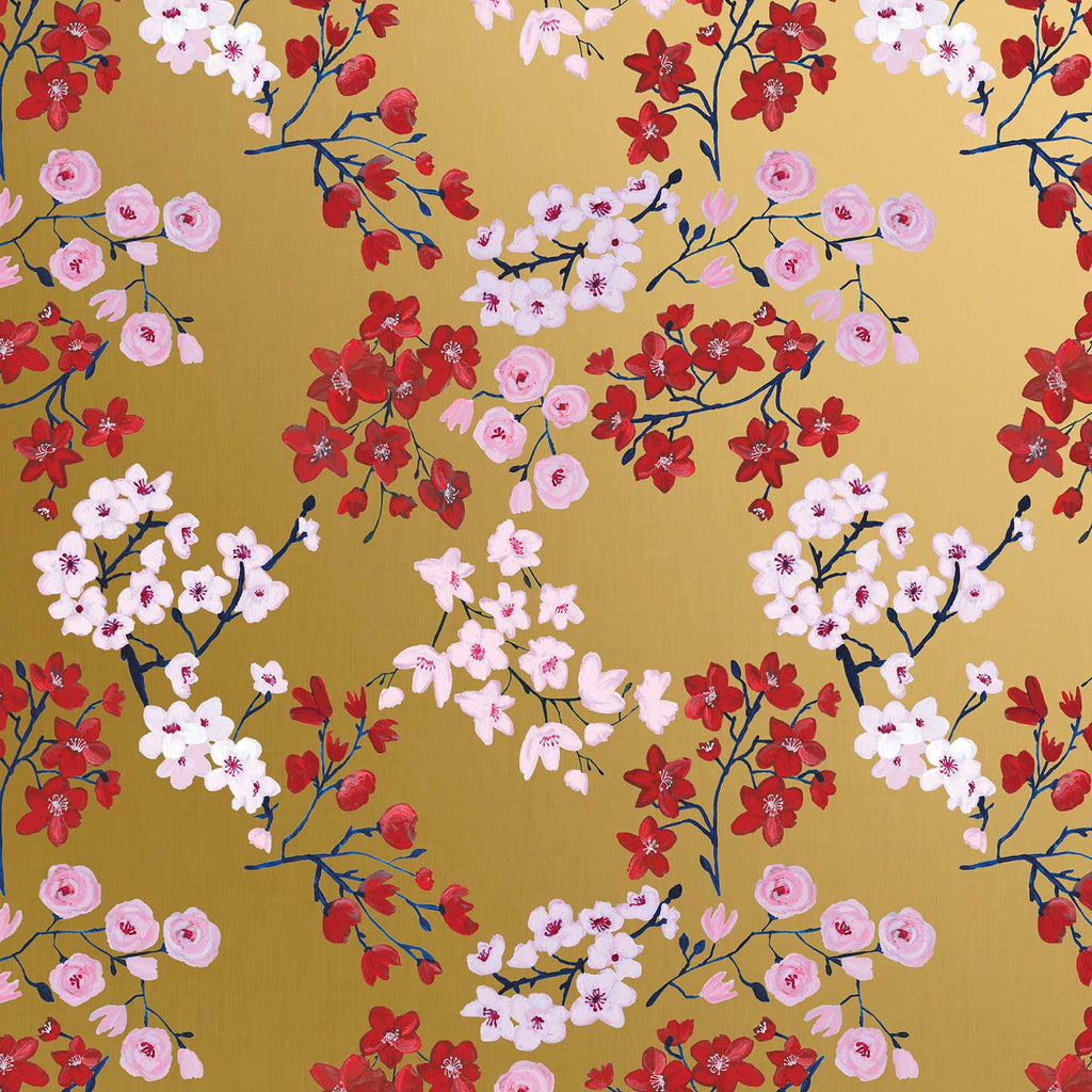 B187a Red Blue Floral Blossoms Gift Wrapping Paper Swatch 
