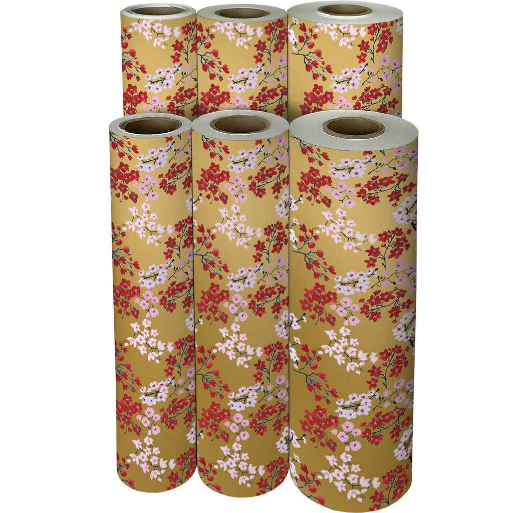 B187f Red Blue Floral Blossoms Gift Wrapping Paper Reams 