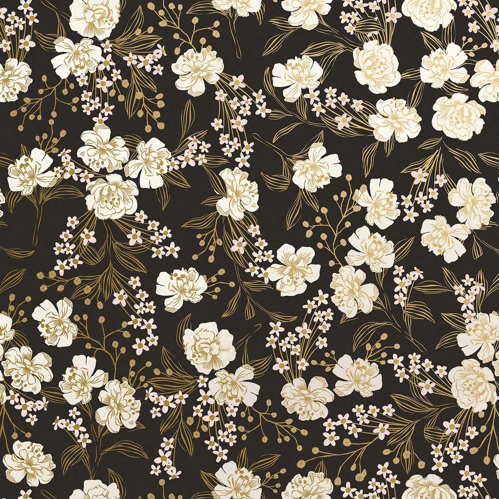 B339a Retro Floral Charcoal Gift Wrapping Paper Swatch 