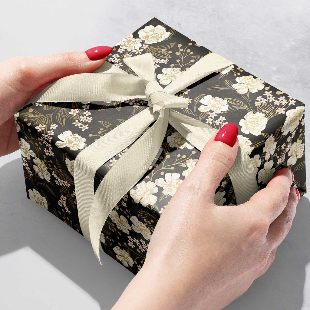 B339b Retro Floral Charcoal Gift Wrapping Paper Gift Box 