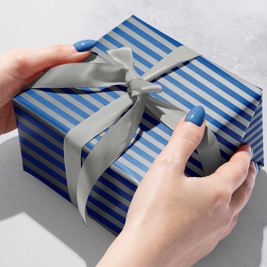 B513b Blue Silver Stripe Hanukkah Gift Wrapping Paper Gift Box 