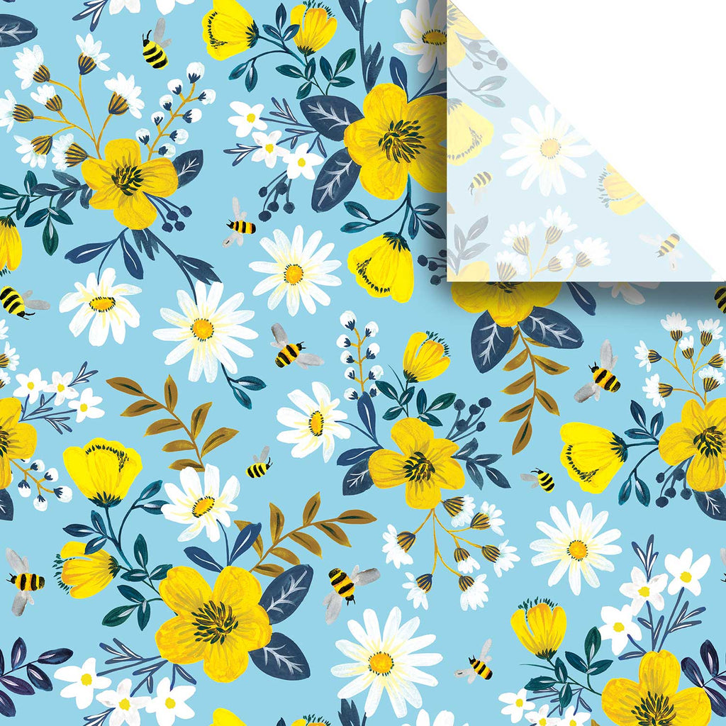 BPT111a Blue Yellow Daisy Bees Floral Tissue Paper Swatch