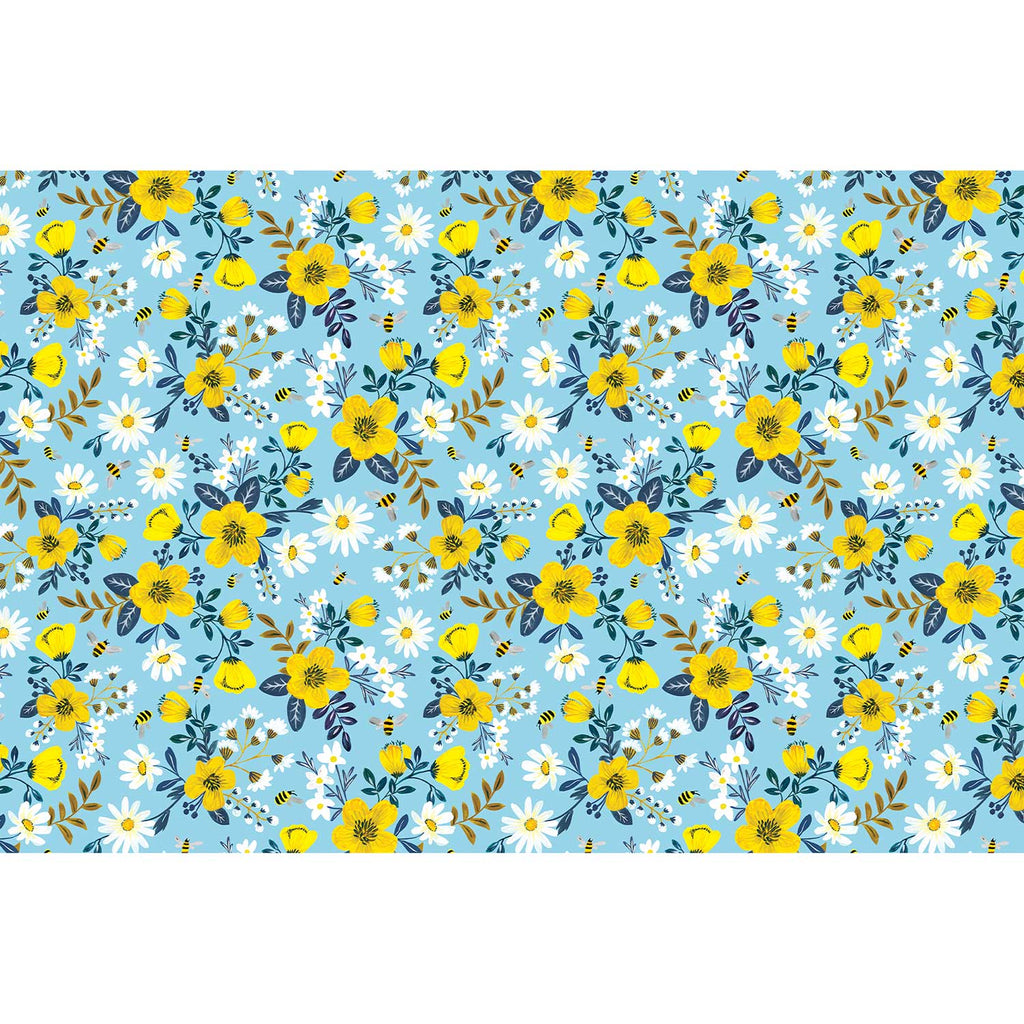 BPT111d Blue Yellow Daisy Bees Floral Tissue Paper Full Sheet