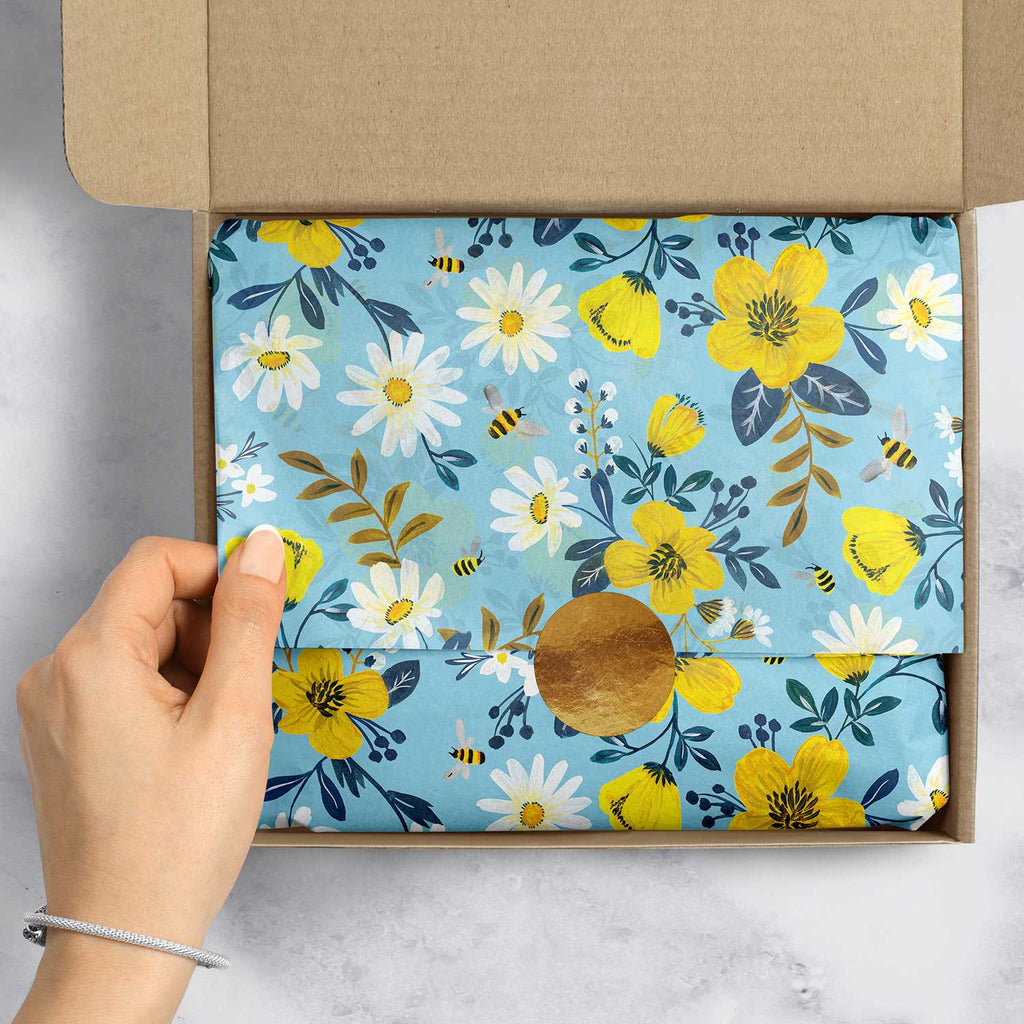 BPT111e Blue Yellow Daisy Bees Floral Tissue Paper Packaging