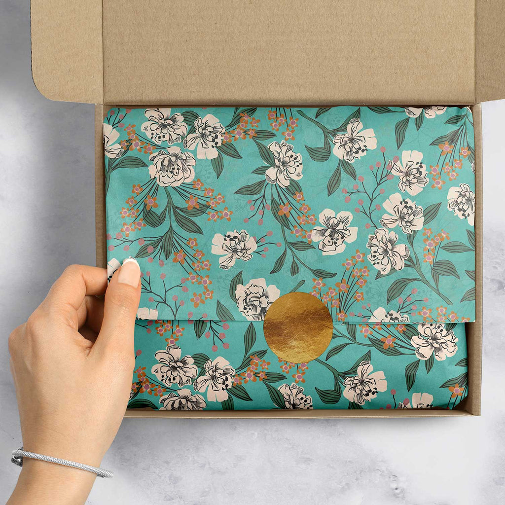 BPT303e Retro Floral Aqua Tissue Paper Packaging