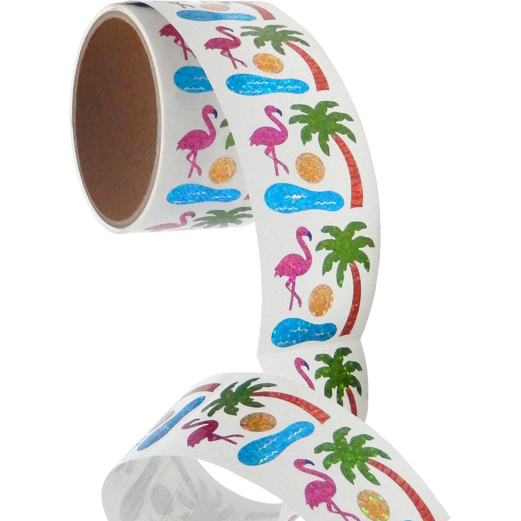 Jillson & Roberts Bulk Roll Prismatic Stickers, Mini Flamingo and Palm Tree (100 Repeats) - Present Paper