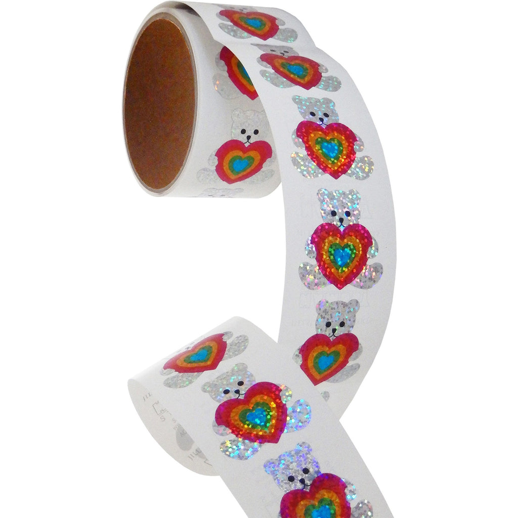 Jillson & Roberts Bulk Roll Prismatic Stickers, Teddy w/ Rainbow Heart (100 Repeats) - Present Paper