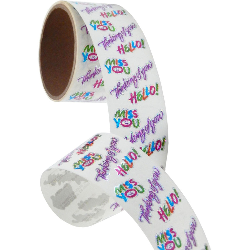 Jillson & Roberts Bulk Roll Prismatic Stickers, Miss You / Thinking Of You / Hello (100 Repeats) - Present Paper