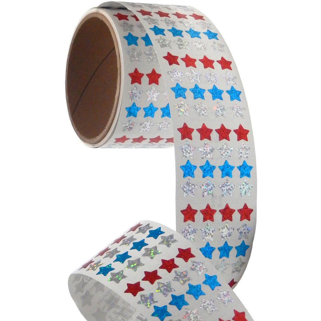 Jillson & Roberts Bulk Roll Prismatic Stickers, Micro Stars / Red, Silver, Blue (100 Repeats) - Present Paper