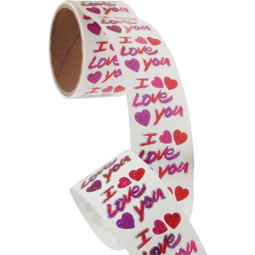 Jillson & Roberts Bulk Roll Prismatic Stickers, I Love You with Hearts (100 Repeats) - Present Paper