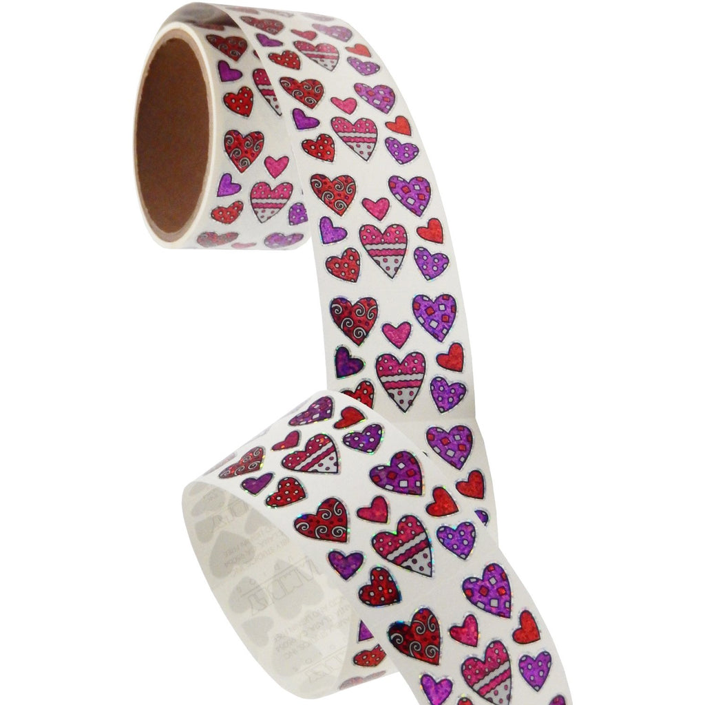 Bulk Roll Prismatic Stickers, Mini Valentine Pattern Hearts (100 Repeats)