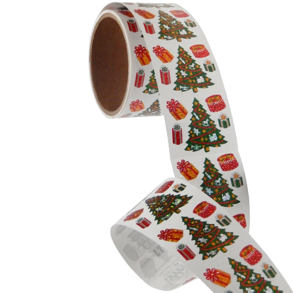 Jillson & Roberts Bulk Roll Prismatic Stickers, Mini Christmas Trees / Presents (100 Repeats) - Present Paper