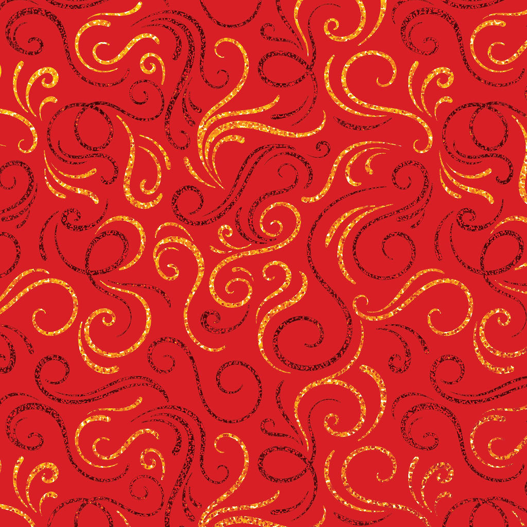 Red Gold Swirls Holographic Christmas Gift Wrapping Paper Swatch