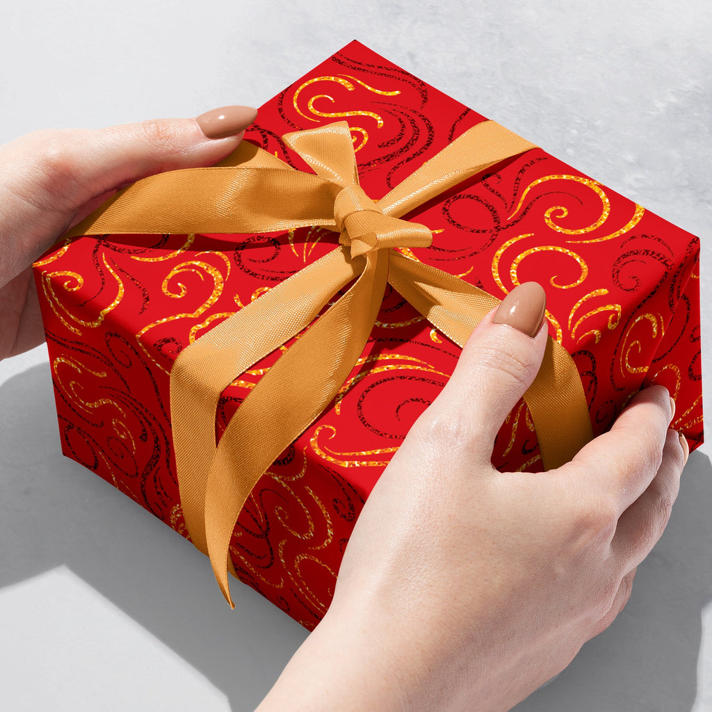 Red Gold Swirls Holographic Christmas Gift Wrapping Paper Gift Box 